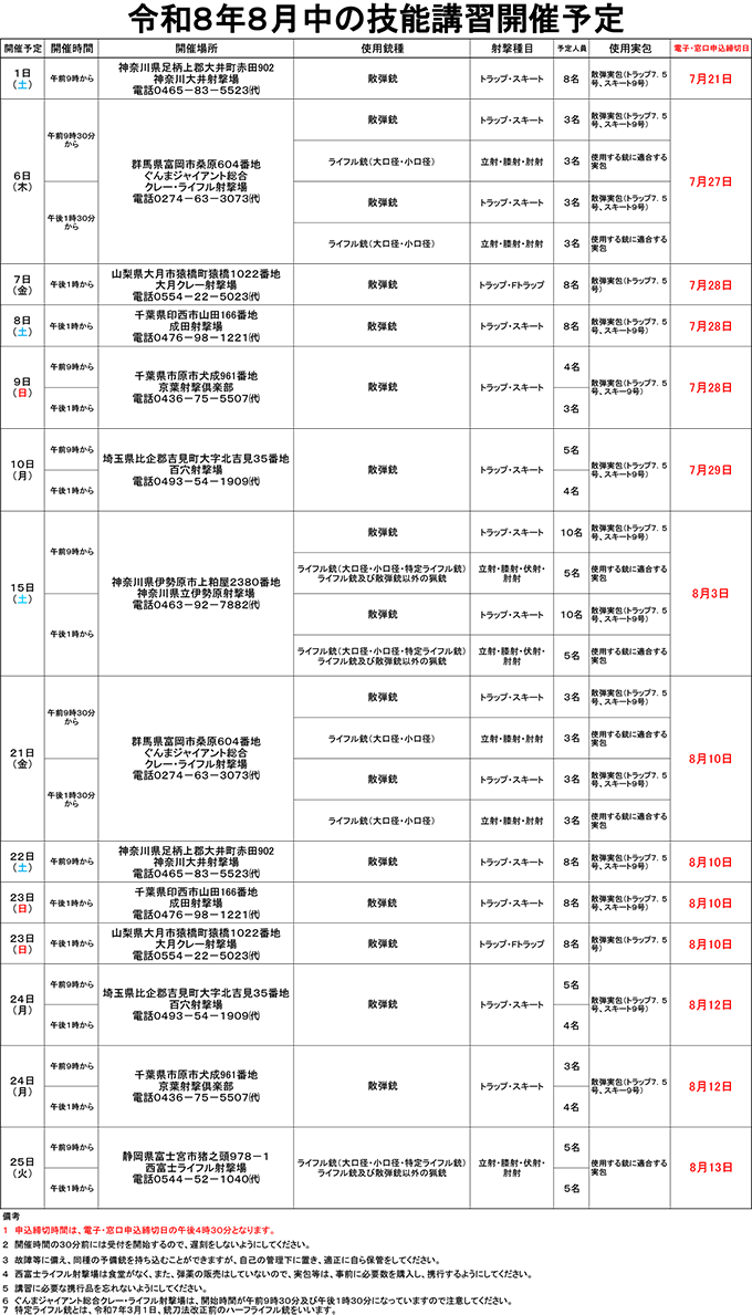 8月中の技能講習開催予定表