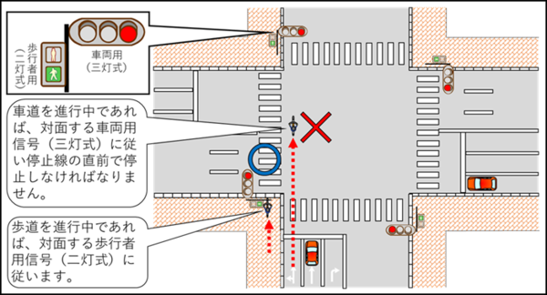 「歩車分離式信号機のある交差点（歩行者専用現示方式）」の画像
